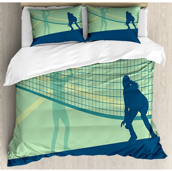 Volleyball Duvet Cover Set, Scenery of 2 Females Competing in a Sports Field Healthy Sports, Decorative 3 Piece Bedding Set with 2 Pillow Shams, Queen Size, Night Blue Pale Green, by Ambesonne