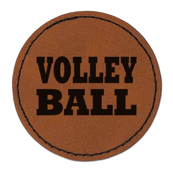 Volleyball Fun Text 2.5" Faux Leather Round Engraved Iron-On Patch - Brown