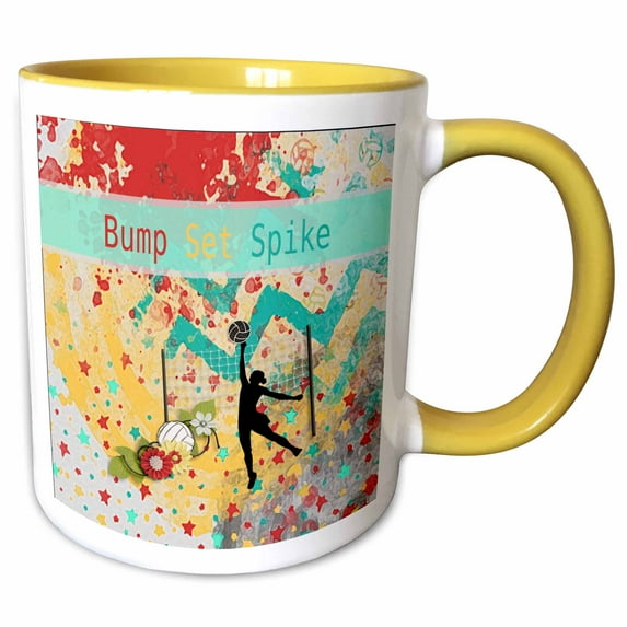 3drose, Volleyball Girl, Net, Ball, Abstract, Colorful, Bump, Set, Spike, 15oz Two-tone Yellow Mug