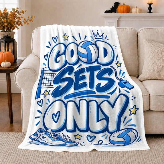 Volleyball Good Sets Only, Cozy Typography Art Scene, Warm Flannel Blanket for Living Room and Reading Nook with Detailed Artwork, Art Lovers Thanksgiving Gift, Artistic Home Decor
