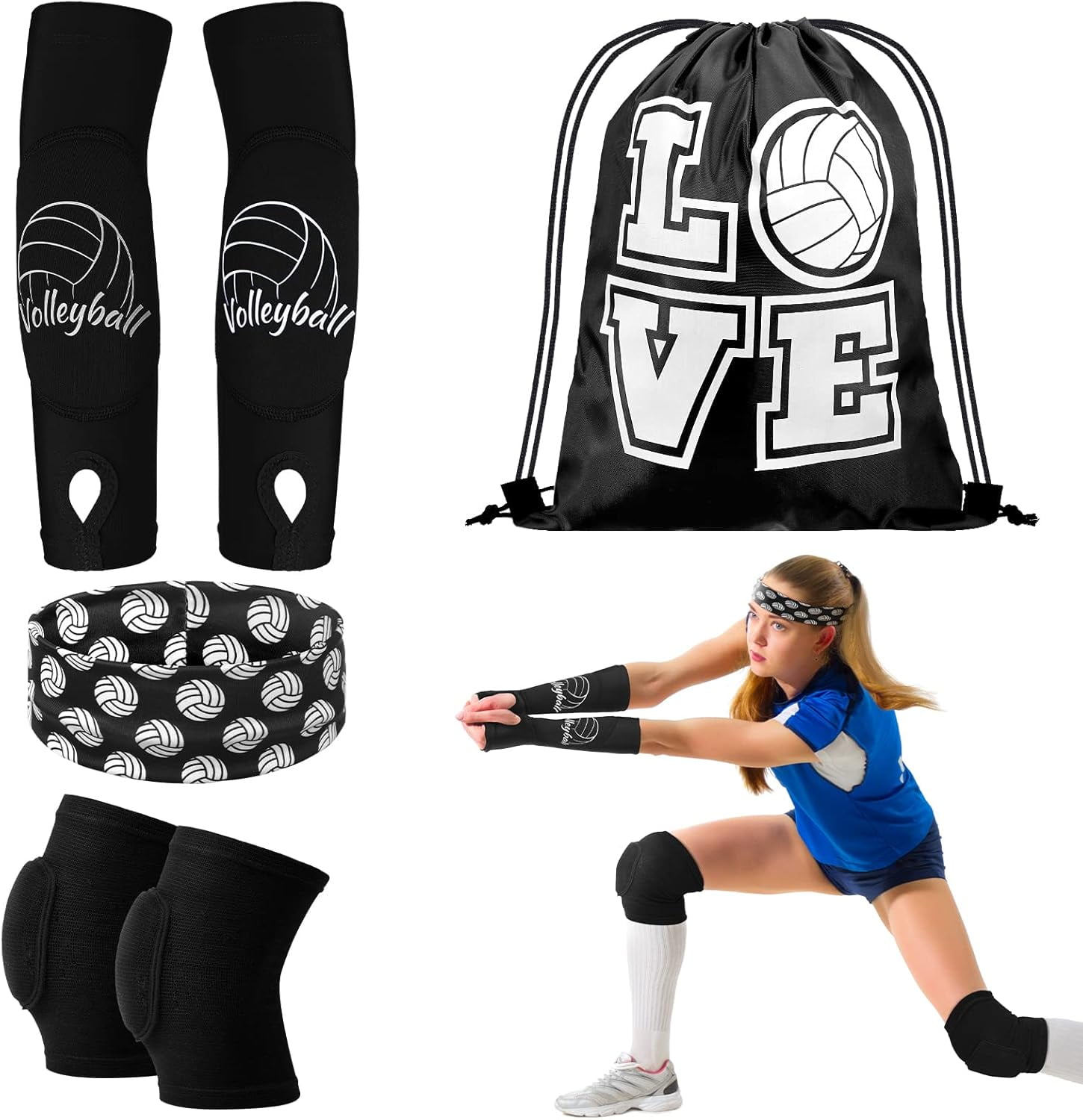 Volleyball Knee Pad and Arm Sleeve Forearm Elbow Sleeve Wrist Guard with Protection Pad and Thumb Hole