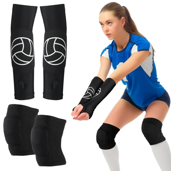 Volleyball Knee Pads and Volleyball Arm Sleeves Volleyball Pad Volleyball Accessories Stuff Forearm Elbow Sleeve with Protection Pad Thumb Hole for Girl Women Teen Boy, Age 8-14 (Classic, 2 Pairs)