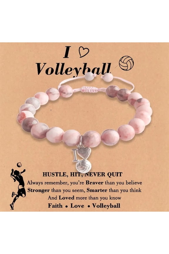 Volleyball Lover Bracelet - Pink Zebra Stone Beads with 'I Love Volleyball' Charm | Adjustable Stretch Sport Bracelet for Women & Girls