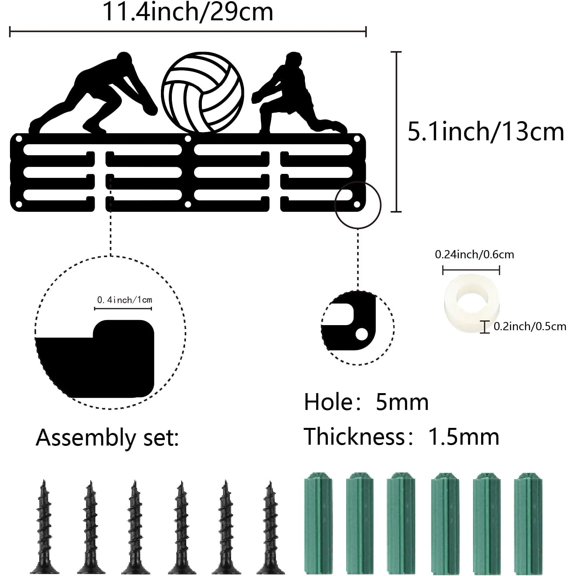 Volleyball Medal Holder Hanger Sports Awards Display 12 Separate Hooks Small Metal Medal Rack for Wall Mount Stand Hold 40+ Awards Ribbon Organizer Athletes Winner Medalist 11.4x5.1 Inch