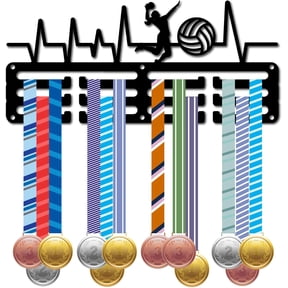 Volleyball Medal Holder Sport Medal Rack Wall Mount Iron Frame Decor Awards Storage Hanger 3 Lines Hooks for Athletes Competition Winners 60+ Medals Ribbons Organizer Display 11.4x5.1in Black
