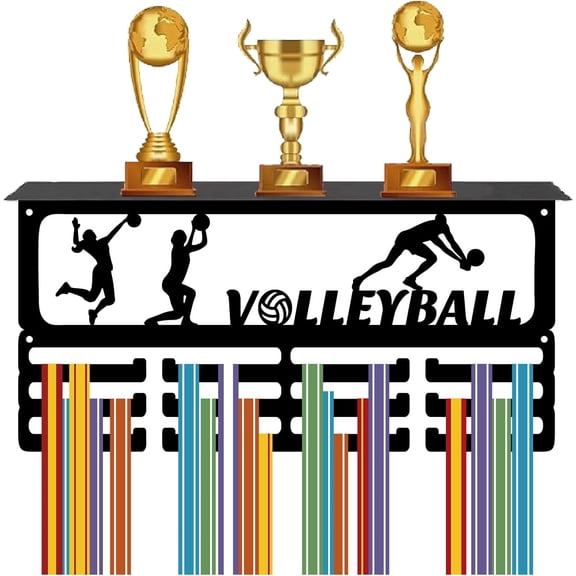 Volleyball Medal Holder Trophy Shelf Display with 12 Hooks Sports Award Metal Medal Hanger for Wall Mount Hold 60+ Ribbons Organizer Rack with Shelf for Awards Medalists 15.7x8x4Inch