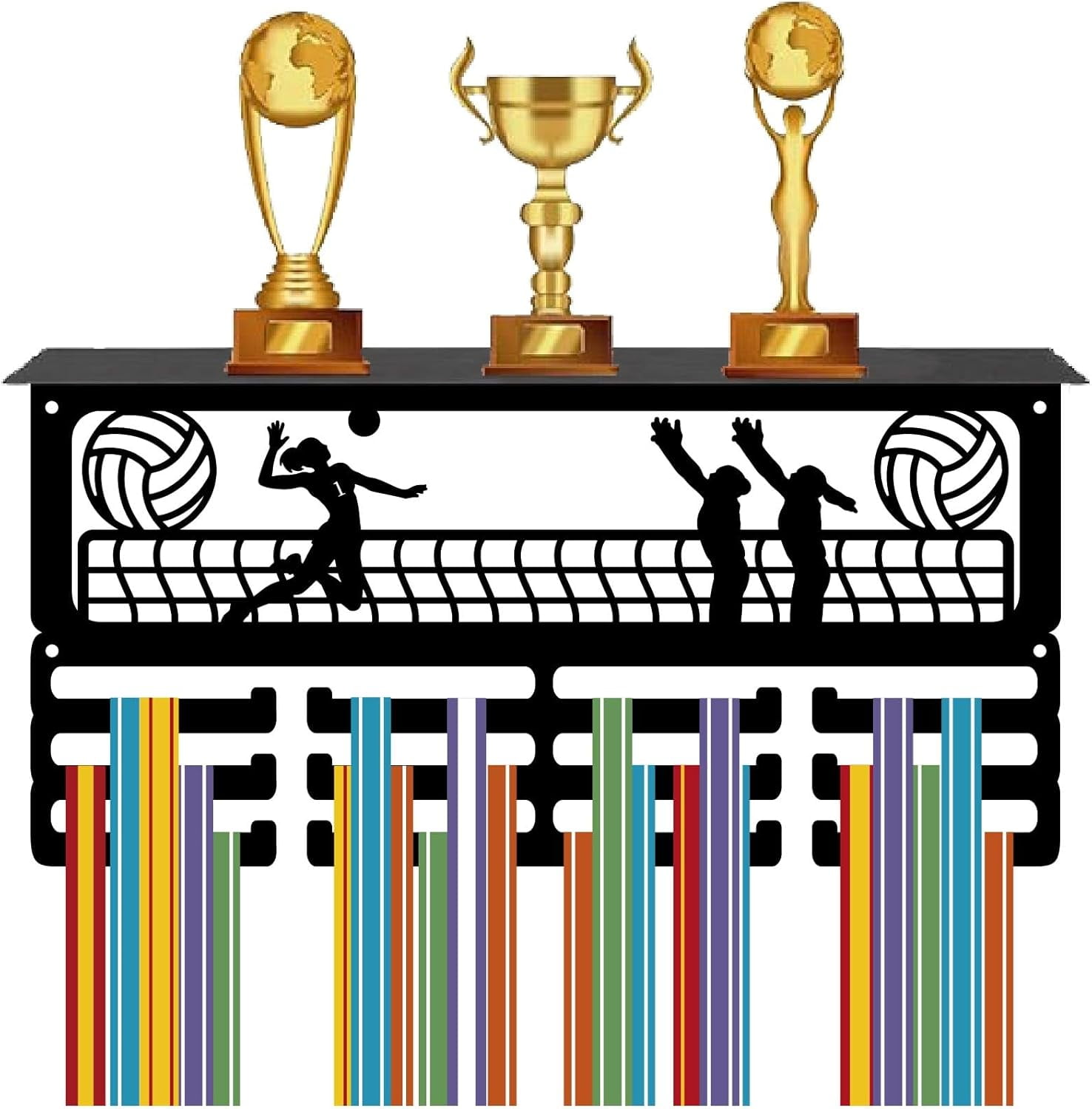 Volleyball Medal Holder Trophy Shelf Display with 12 Hooks Sports Metal Medal Hanger for DIY Wall Mount Hold 60+ Medals Ribbons Organizer Rack with Shelf for DIY Award Race 15.7 x 8 x 4 Inch