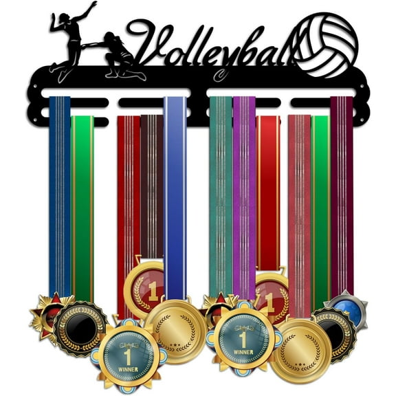 Volleyball Medals Display Holder Rack Wall Mount Decor Trophy Shelf Tiered Award Rack Award Ribbon Hanger with Box for Over 50 Medals Easy to Install 15.75 Inch Black