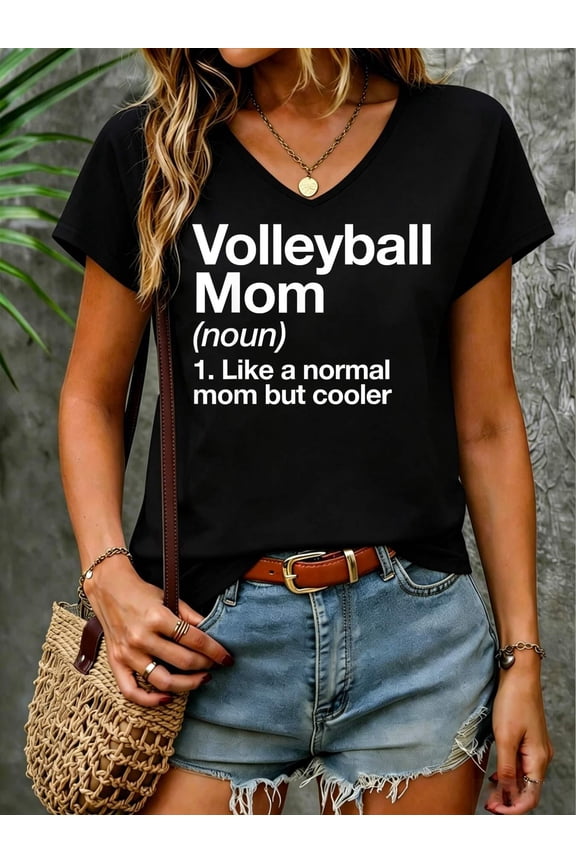 Volleyball Mom Definition Funny & Sassy Sports V Neck T-Shirt Cotton Women's V Neck Graphic Tee, Casual Short Sleeve Shirt,Vacation Outfit