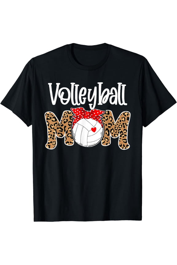 Volleyball Mom Leopard Messy Bun Game Day Funny Mothers Day T-Shirt