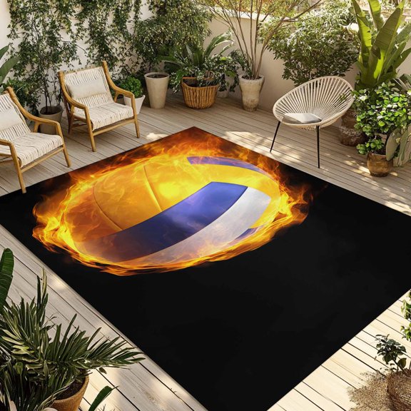 Volleyball Outdoor Rug 5x8 Ft - Reversible Patio Rug Outdoor Camping Rugs, Modern Buruning Flame Sport Black Background Indoor Outdoor Area Rugs, Non-Slip Outdoor Carpet Runner for Deck/Porch