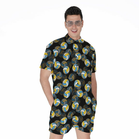 Volleyball Pattern Short Sleeve Men'S Rompers, Volleyball Player Sports Casual Summer Jumpsuits Outfit