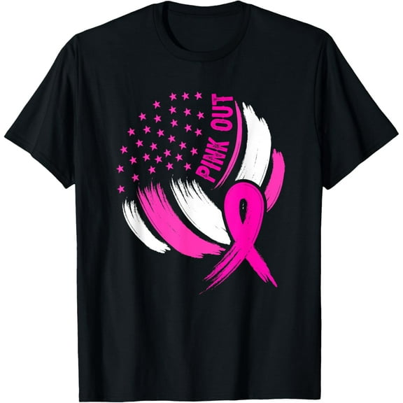 Volleyball Pink Out Breast Cancer Awareness Ribbon USA Flag T-Shirt men and women can wear, black, white, gifts