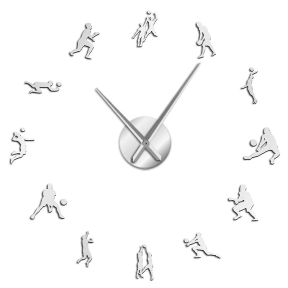 Volleyball Players Silhouettes Frameless Wall Clock Stickers, DIY Modern Decorative Clocks for Living Room, Bedroom, Office - Easy to Install, Large 3D Clock Design (Silver,27in)