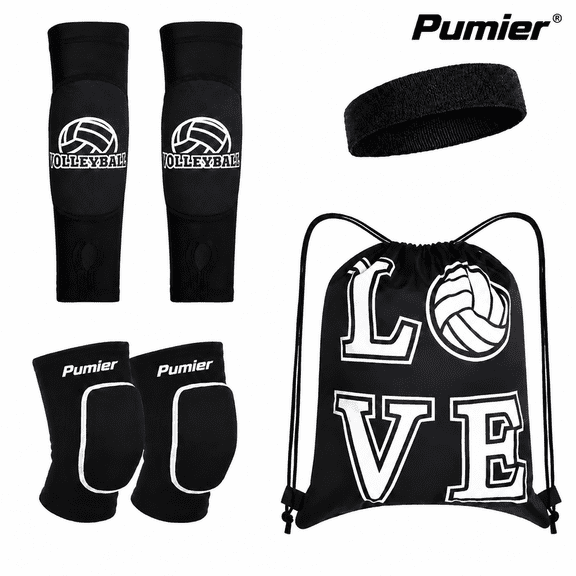 Volleyball Protective Gear Set 4-in-1, Arm Sleeves with Knee Pads Headband & Storage Bag, Anti-Slip Compression Sleeves, Impact Padding