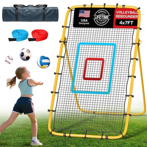 Volleyball Rebounder Net 7x4 ft, 5-Angle Adjustable Trainer for Passing, Spiking & Skills Drills, Indoor Outdoor Backyard Use