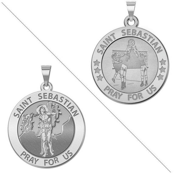 Volleyball - Saint Sebastian Doubledside Sports Religious Medal 3/4 Inch in Solid 14K White Gold