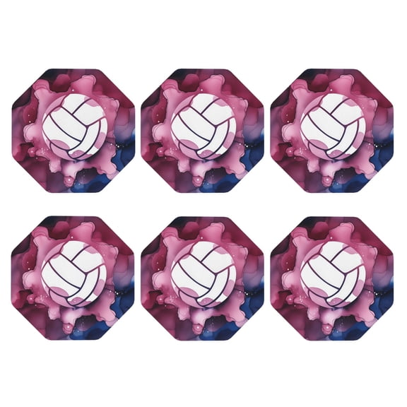 Volleyball Set of 6 Faux Leather 4 Inch Coasters Drinks Tabletop Home Dinning Octagon