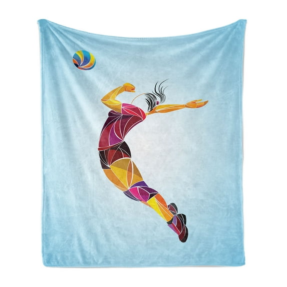 Volleyball Soft Flannel Fleece Blanket, Colorful Abstract Woman Player in Polygonal Motifs Modern Sports, Cozy Plush for Indoor and Outdoor Use, 50" x 60", Pale Blue and Multicolor, by Ambesonne