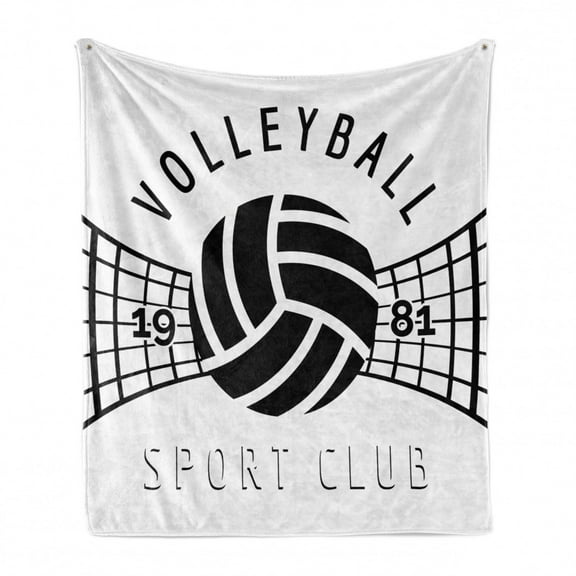 Volleyball Soft Flannel Fleece Blanket, Monochrome Style 1981 Sport Club Calligraphy on a Plain Background, Cozy Plush for Indoor and Outdoor Use, 70" x 90", Charcoal Grey and White, by Ambesonne