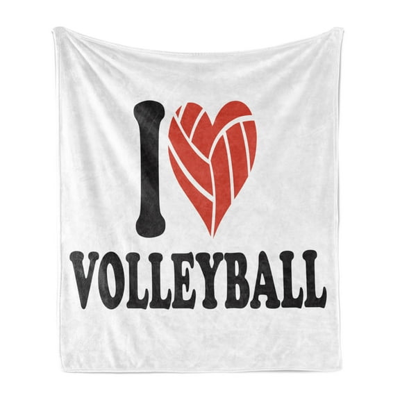 Volleyball Soft Flannel Fleece Throw Blanket, I Love Volleyball Typography with a Ballheart Sports Admirer, Cozy Plush for Indoor and Outdoor Use, 60" x 80", Charcoal Grey Vermilion, by Ambesonne
