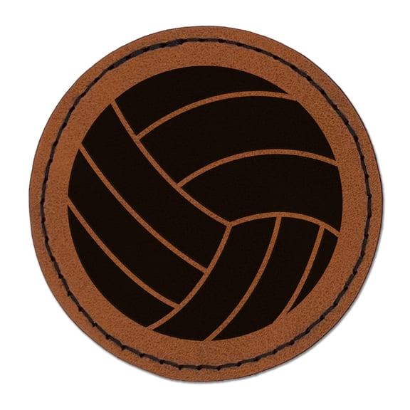 Volleyball Solid 2.5" Faux Leather Round Engraved Iron-On Patch - Brown