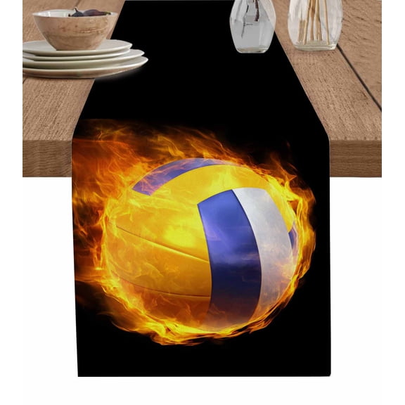 Volleyball Table Runner 120 Inches, Modern Buruning Flame Sport Black Background Bed Runner Dresser Scarves Tabletop for Indoor Outdoor Parties/Ceremony/Banquet, 13"x 120"