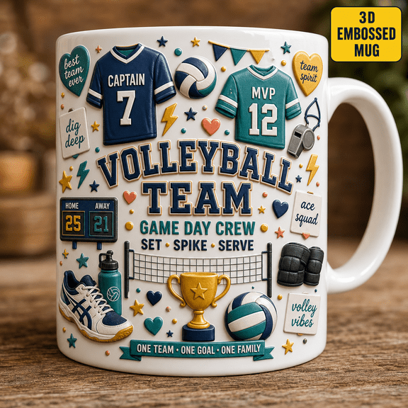 Volleyball Team Mug 3D Embossed Game Day Gift Mug for Players, Coaches & Team Moms