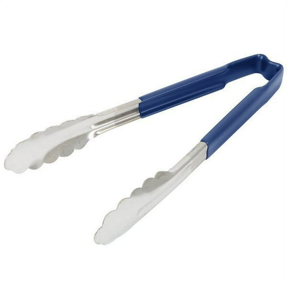 Vollrath 4780930 Jacob's Pride 9 1/2" Stainless Steel Scalloped Tongs with Blue Coated Kool Touch Handle