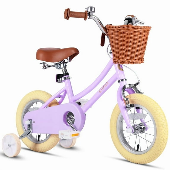 Vollsch 12 Inch Kids Retro Vintage Style Bike for Age 7-15 Years Old Little Girls Toddlers Bicycles with Basket Training Wheels and Bell Purple