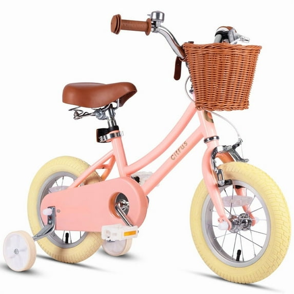Vollsch 14 Inch Little Kids Toddlers Bike for Age 7-15 Years Old Girls Retro Vintage Style Bicycles with Basket Training Wheels and Bell, Peach