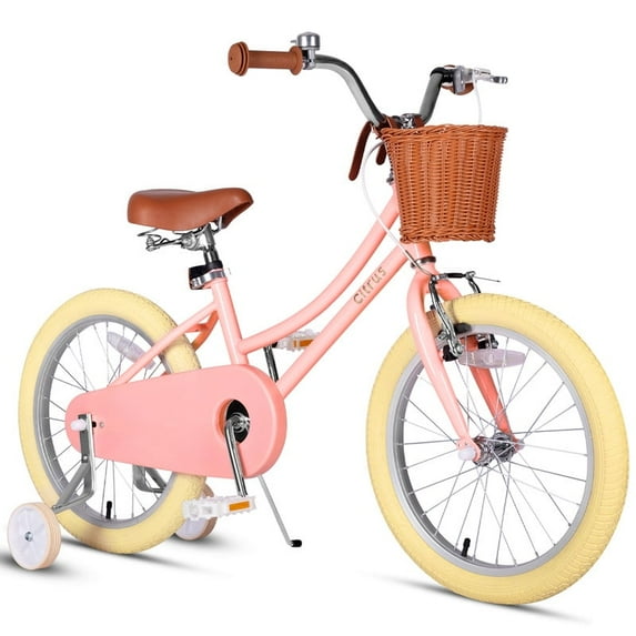 Vollsch 18 Inch Little Kids Bike for Age 7-15 Years Old Girls Toddlers Retro Vintage Style Bicycles with Basket Training Wheels and Bell, Peach