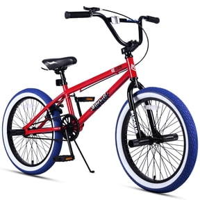 Vollsch Freestyle BMX Bikes 20 Inch Kids Bicycle for 8-15 Years Old Teens, Boys, Girls, Beginner-Lever Riders, Red with Blue Tires