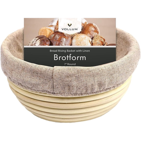 Vollum Round Banneton Bread Proofing Basket, 7 x 4 Inch, Handwoven Rattan Brotform with Linen Liner for Artisan Bread and Sourdough Baking