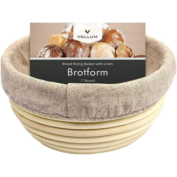 Vollum Bread Proofing Basket Banneton Baking Supplies for Beginners & Professional Bakers, Handwoven Rattan Cane Bread Maker with Linen for Artisan Breads, 7 x 4 Inch, 0.5-Pound Round Brotform