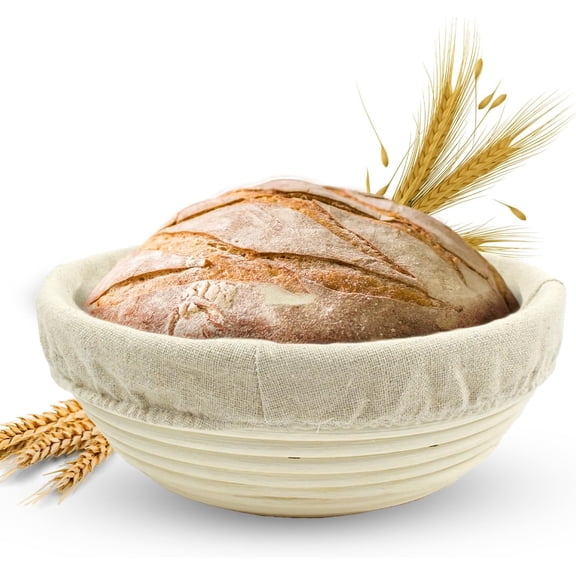 Vollum Round Banneton Brotform Proofing Basket, 11 x 3.5 Inch, Handwoven Rattan with Linen Liner for Artisan Bread and Sourdough Baking