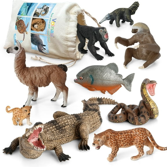 Volnau Animal Figurines Toys 9Pcs South America Figures Zoo Pack Preschool Educational Rainforest Set