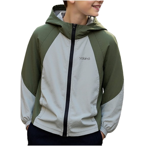 Boys Lightweight Windbreaker Jacket, Green Boys Hooded Sun Protection Jacket,Size 10-11 T