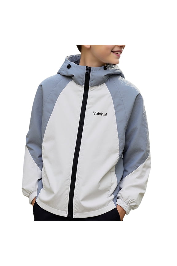 Boys Windbreaker Jacket, Lightweight Hooded Nylon Jacket for Kids in Gray, Breathable Active Outdoor Jacket for Boys Age 5-15 Years,Size 8-9 T