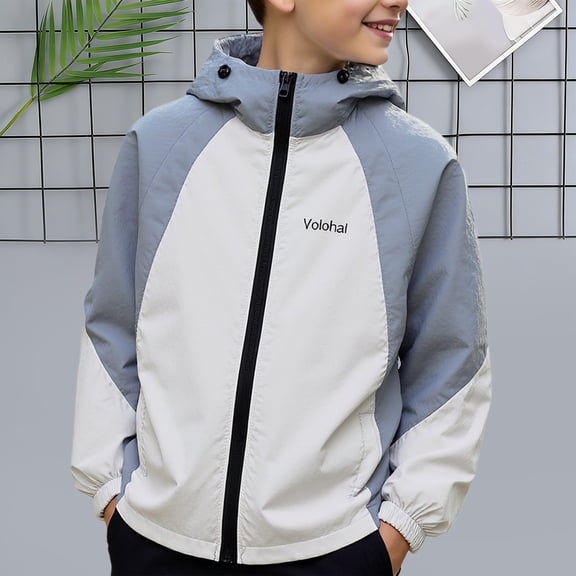 Volohai Boys Windbreaker Jacket, Lightweight Rain Jacket with Hood, Water-Resistant Gray Outdoor Jacket for Kids Ages 5-15,Size 5-6 T