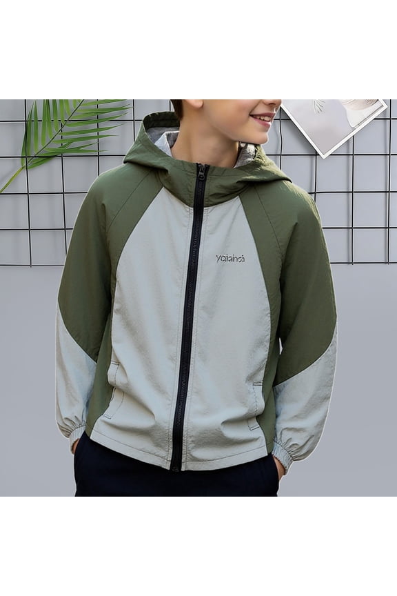 Volohai Boys Windbreaker Jacket with Hood, Lightweight Water-Resistant Rain Jacket for Kids Ages 5-15, Green Full-Zip Outdoor Jacket,Size 10-11 T