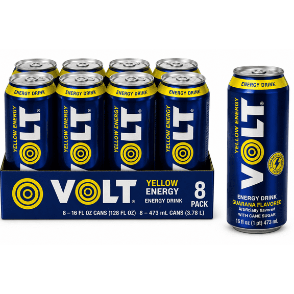 Volt Yellow Energy Drink, Guarana Flavored, 8 Pack, 16 fl oz Cans