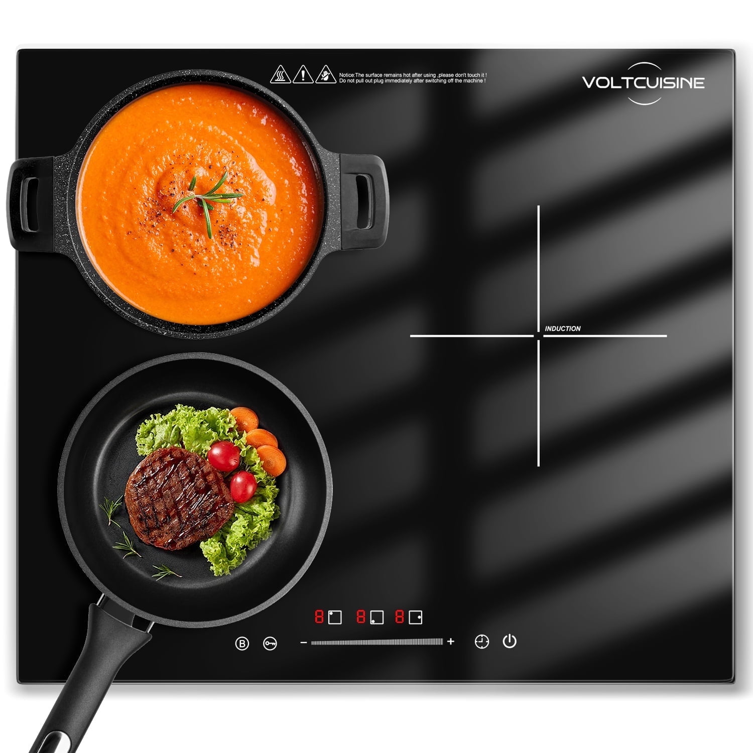 VoltCuisine Induction Cooktop 3 Burner, Shatter-proof Flat Glass Top, 9 Heat Settings, LED Touch Display with Child Safety Lock & Overheat Protection
