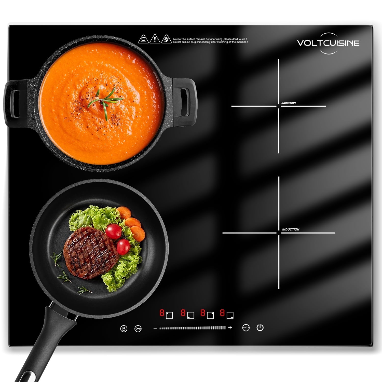 VoltCuisine Induction Cooktop 4 Burner, Shatter-proof Flat Glass Top, 9 Heat Settings, LED Touch Display with Child Safety Lock & Overheat Protection