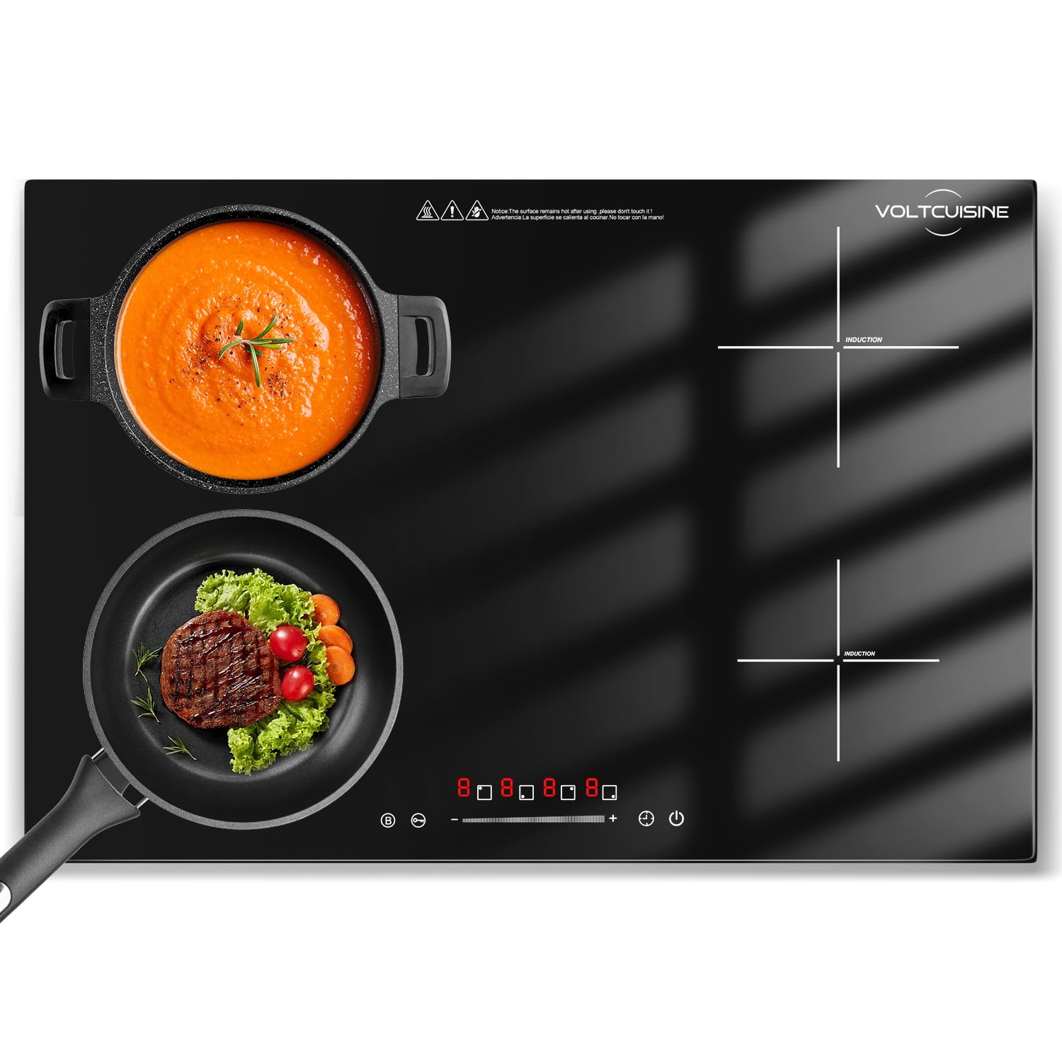 VoltCuisine Induction Cooktop 4 Burner, Shatter-proof Flat Glass Top, 9 Heat Settings, LED Touch Display with Child Safety Lock \u0026 Overheat Protection