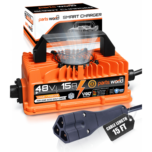 VoltRevive 48V 15A Lead-Acid Golf Cart Charger for EZGO RXV & TXT with 3-Pin Triangular Plug | Fast Charging with TrickleFlow | IP67 Waterproof