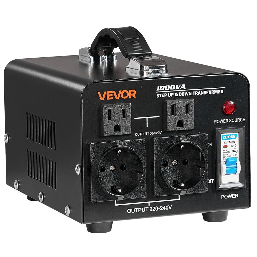 Voltage Converter Transformer, 1000VA, Heavy Duty Step Up/Down Power Transformer, Convert from 110V to 220V and 220V to 110V, with US Outlets, EU Outlets, Power Cord, Circuit Breaker Protection