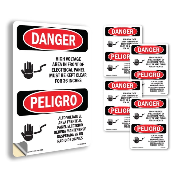 Voltage Electrical Panel 36 Inches Bilingual OSHA Danger Vinyl Decal Label 5 Inch x 3.5 Inch - 5 Pack