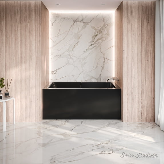 Voltaire 54 x 30 Skirted Right Drain Soaking Apron Bathtub in Glossy Black with Integrated Armrest