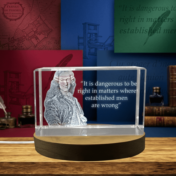 Voltaire's Wisdom - Engraved Crystal Decor with LED Base Gift for Philosophers